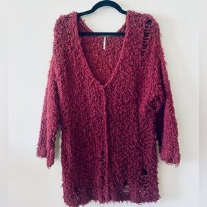 Free People Up The Ladder Maroon Distressed Sweater